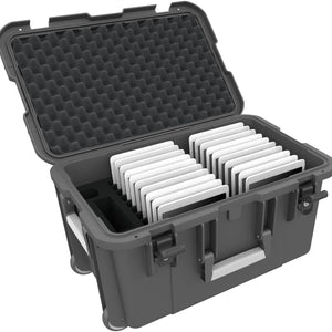 Case / Trolley for 20 tablets in thick sleeves - compartments 22 mm wide - compatible with Apple iPad, Samsung Galaxy Tab A or Microsoft Surface Go
