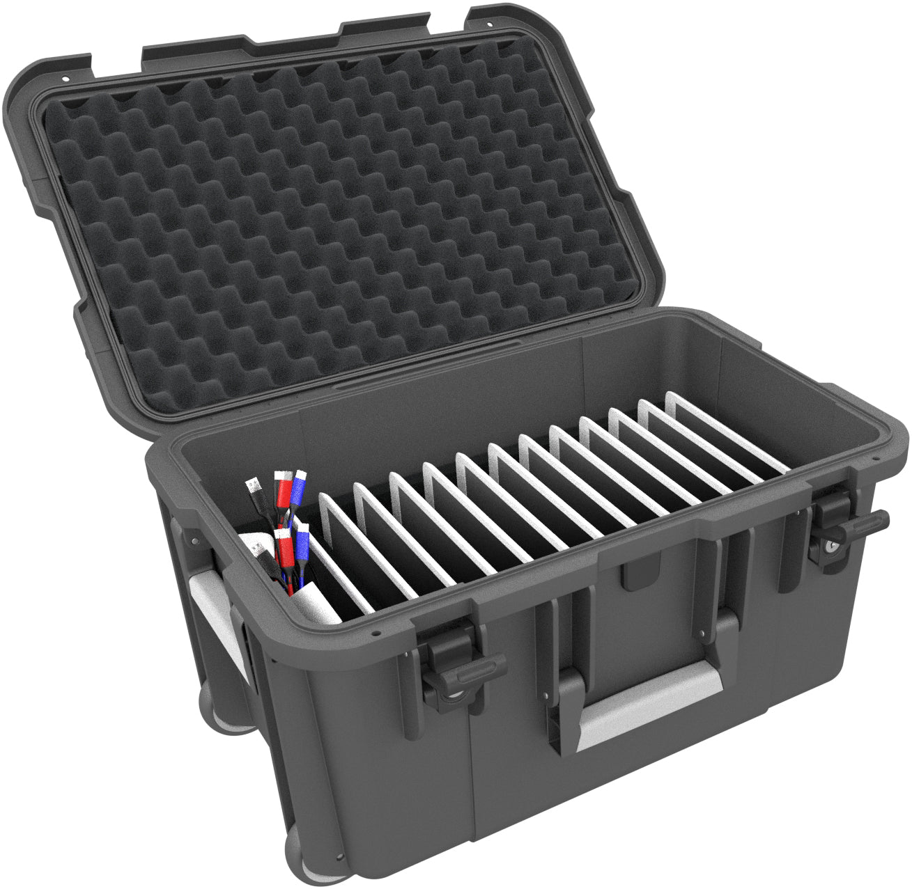 Transport Case / Trolley for 12 tablets in XL sleeves - compartments 26 mm wide - compatible with Apple iPad, Samsung Galaxy Tab A or Microsoft Surface Go