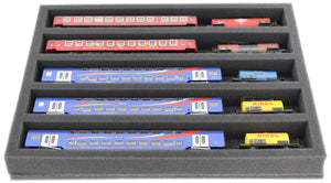 FS040A002 Foam inlay TT Scale - horizontal - 5 slots for model railway locomotives, wagons, and vehicles
